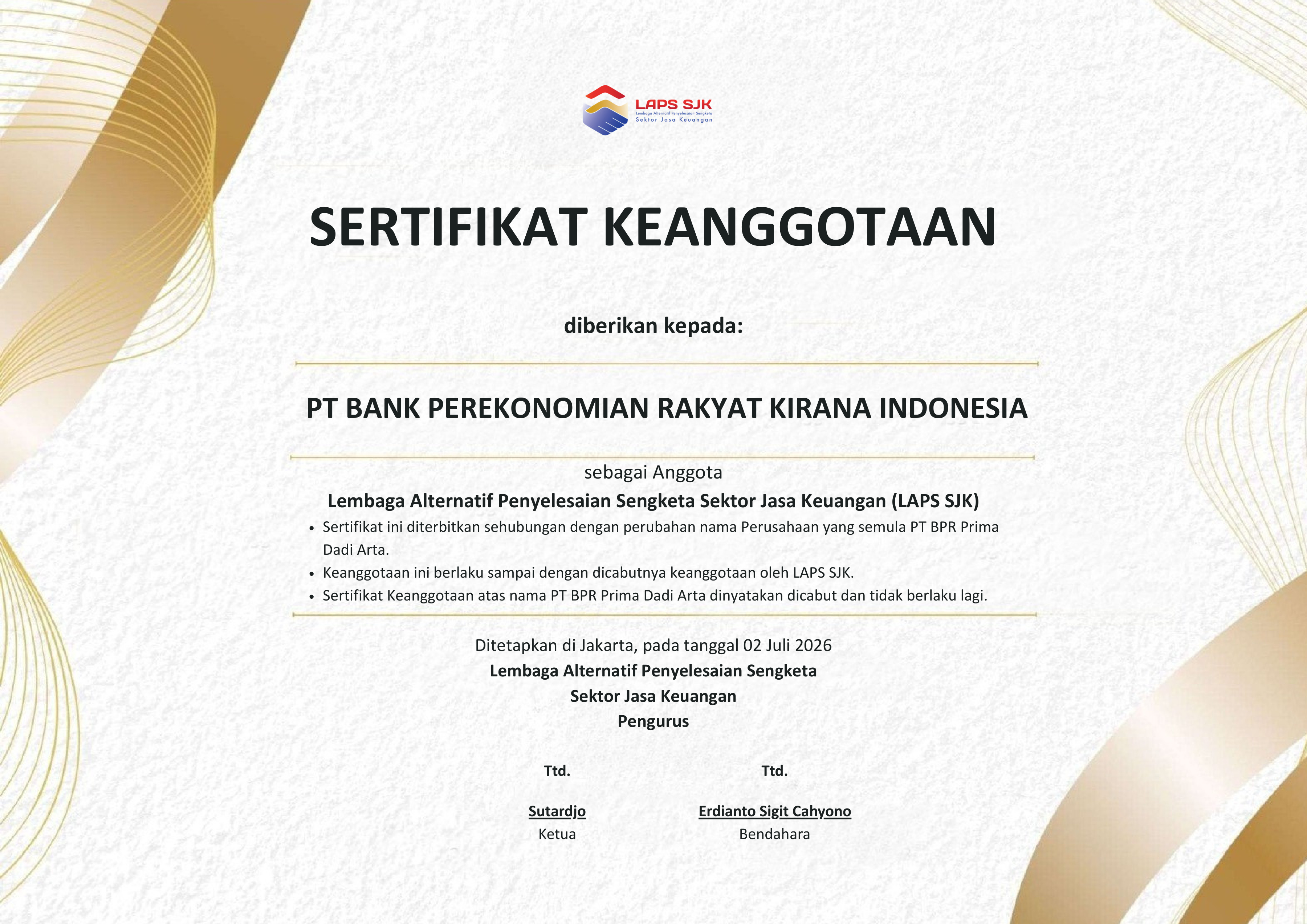 Sertifikat Keanggotaan LAPS SJK - PT Bank Perekonomian Rakyat Kirana Indonesia